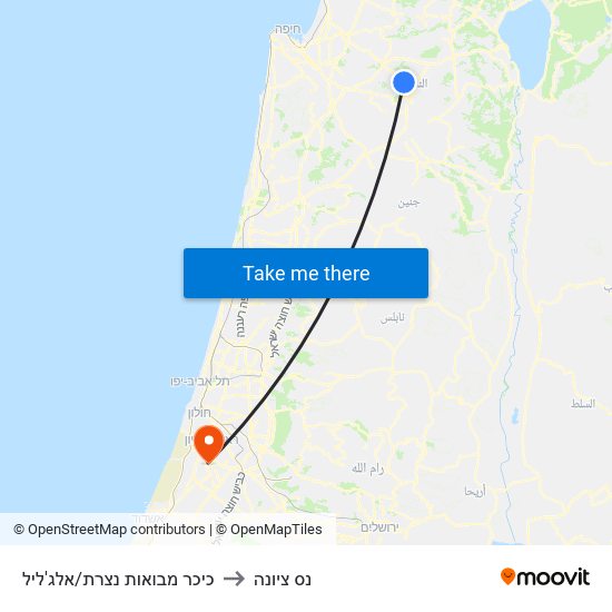 כיכר מבואות נצרת/אלג'ליל to נס ציונה map