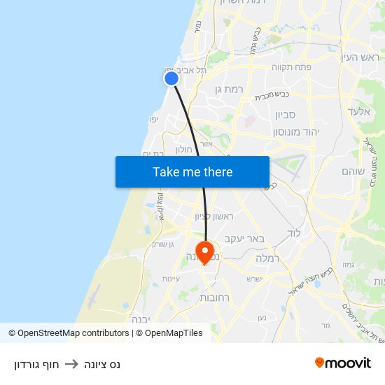 חוף גורדון to נס ציונה map