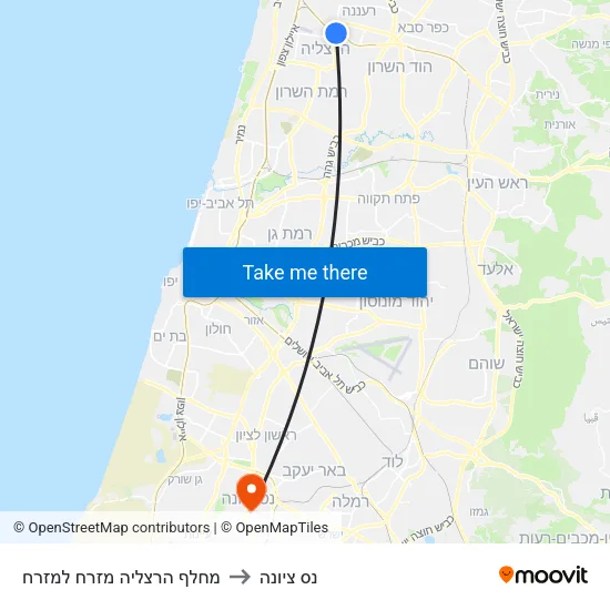 מחלף הרצליה מזרח למזרח to נס ציונה map