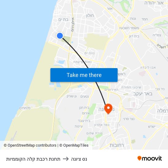 תחנת רכבת קלה הקוממיות to נס ציונה map