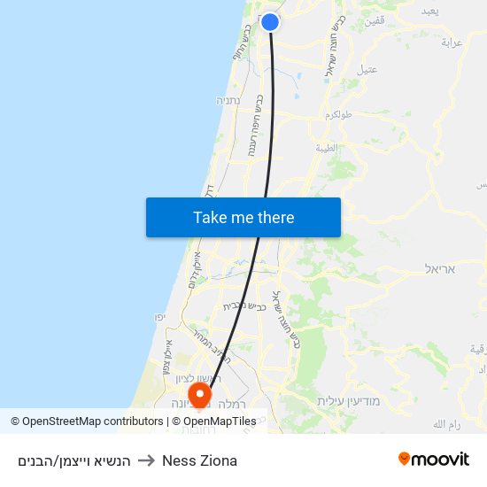 הנשיא וייצמן/הבנים to Ness Ziona map