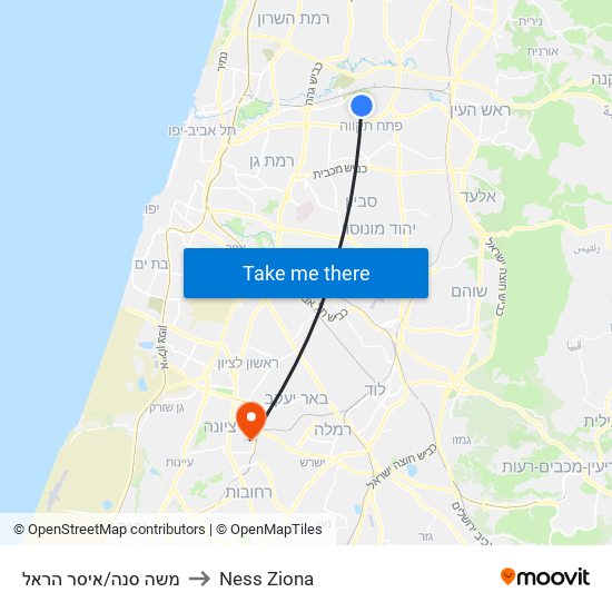 משה סנה/איסר הראל to Ness Ziona map