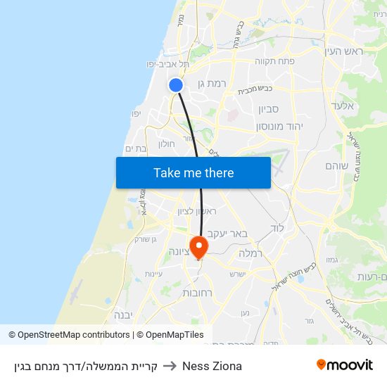 קריית הממשלה/דרך מנחם בגין to Ness Ziona map