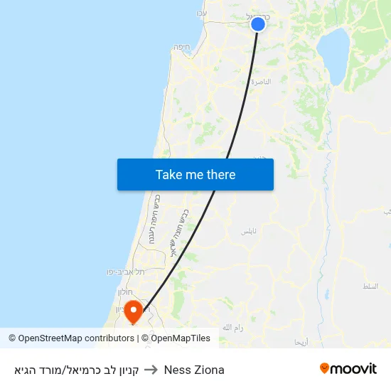 קניון לב כרמיאל/מורד הגיא to Ness Ziona map