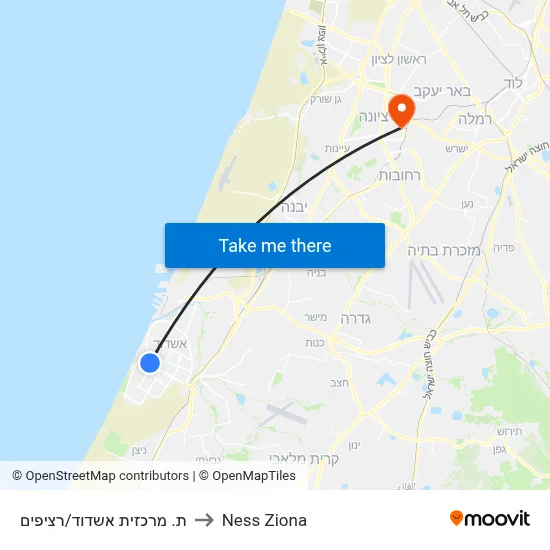 Ashdod Central Station/Platforms to Ness Ziona map