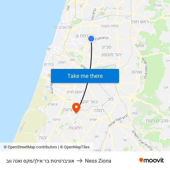 אוניברסיטת בר אילן/מקס ואנה ווב to Ness Ziona map