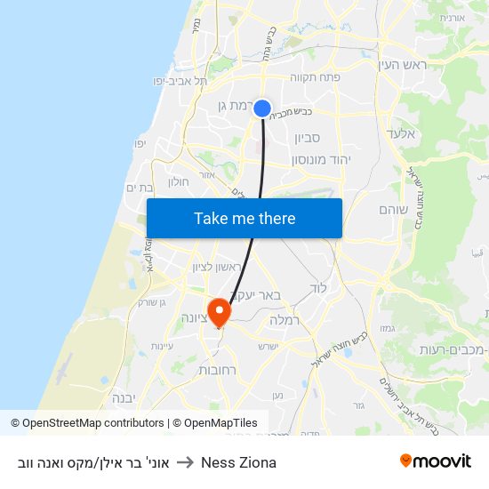 אוני' בר אילן/מקס ואנה ווב to Ness Ziona map