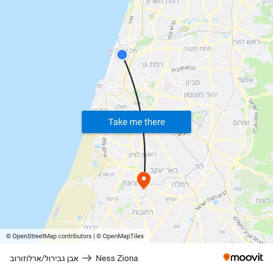 אבן גבירול/ארלוזורוב to Ness Ziona map