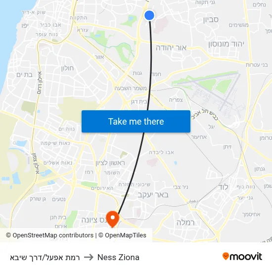 Ramat Efal/Sheba Road to Ness Ziona map