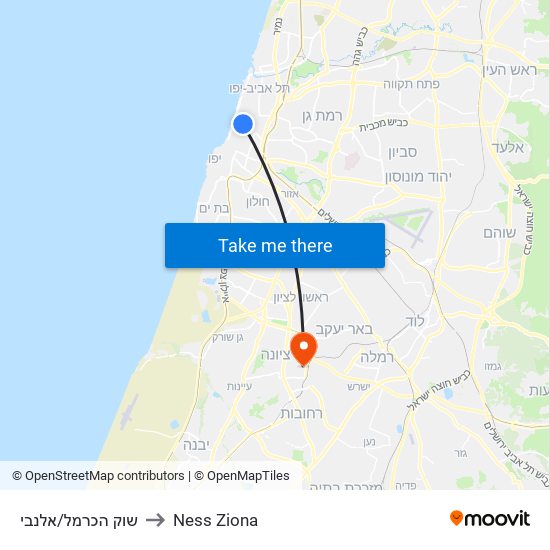 שוק הכרמל/אלנבי to Ness Ziona map