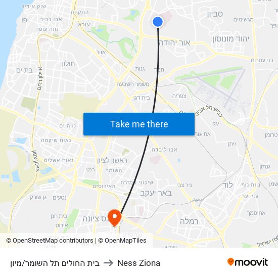 בית החולים תל השומר/מיון to Ness Ziona map