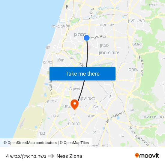 גשר בר אילן/כביש 4 to Ness Ziona map