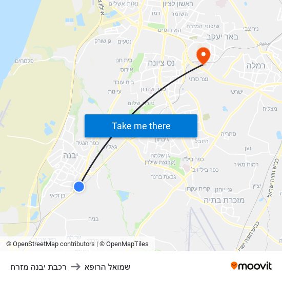 רכבת יבנה מזרח to שמואל הרופא map