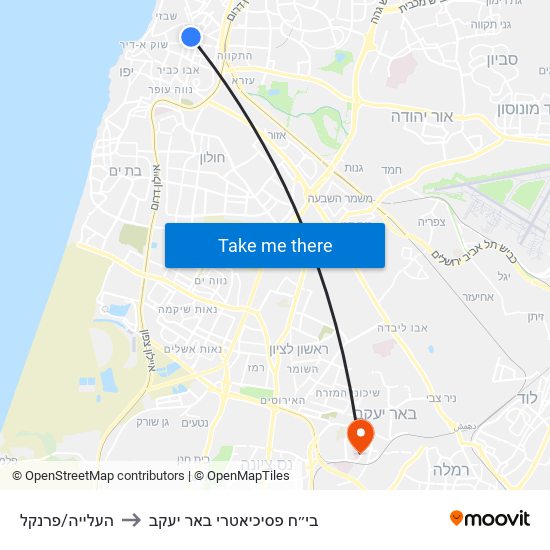 העלייה/פרנקל to בי״ח פסיכיאטרי באר יעקב map