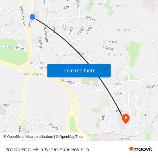 הרצל/הכרמל to בי״ח פסיכיאטרי באר יעקב map