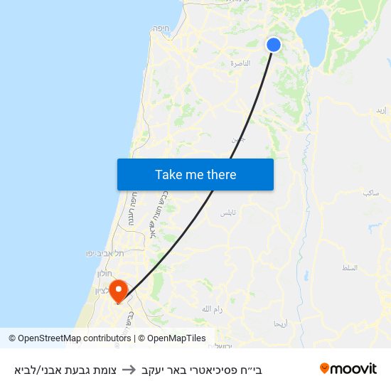 צומת גבעת אבני/לביא to בי״ח פסיכיאטרי באר יעקב map