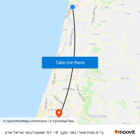 דוד שמעוני/גשר אריאל שרון to בי״ח פסיכיאטרי באר יעקב map