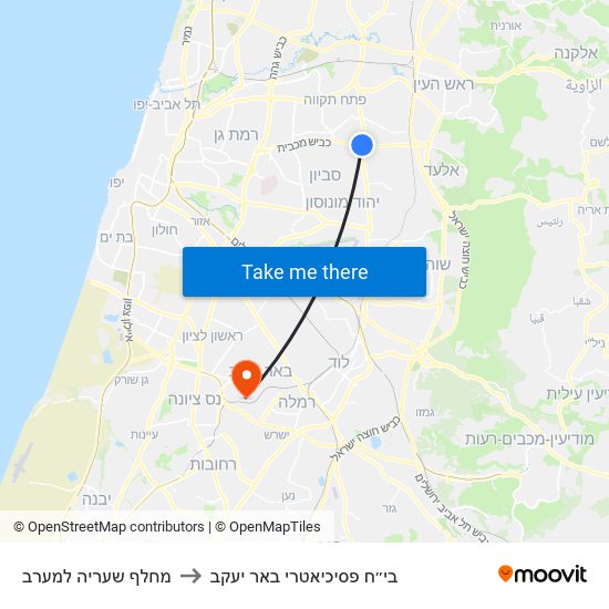 מחלף שעריה למערב to בי״ח פסיכיאטרי באר יעקב map