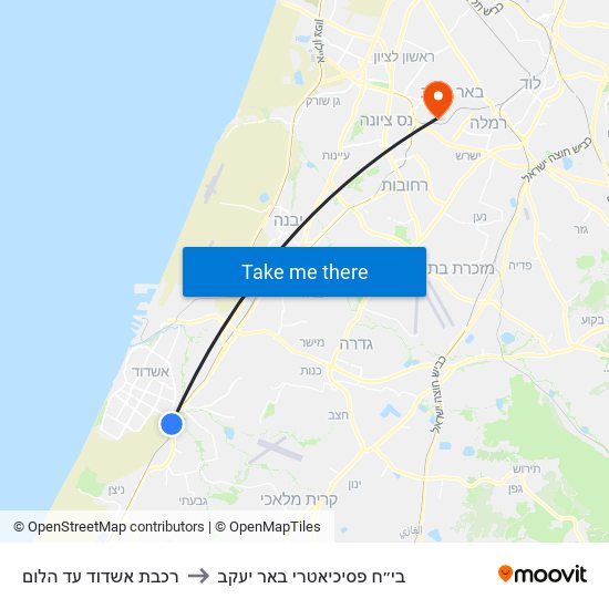 רכבת אשדוד עד הלום to בי״ח פסיכיאטרי באר יעקב map