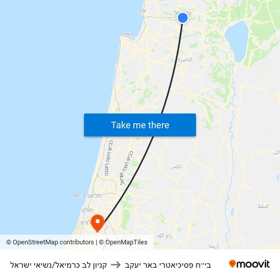 קניון לב כרמיאל/נשיאי ישראל to בי״ח פסיכיאטרי באר יעקב map