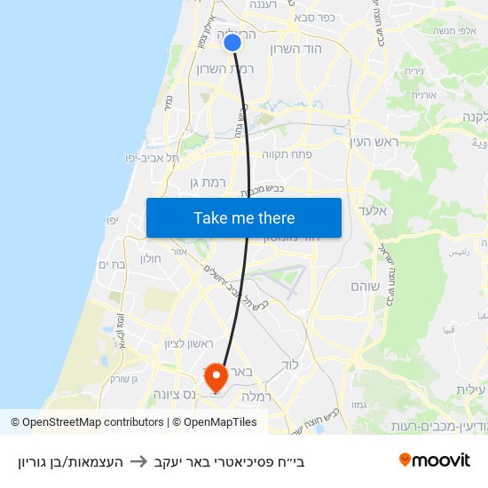 העצמאות/בן גוריון to בי״ח פסיכיאטרי באר יעקב map