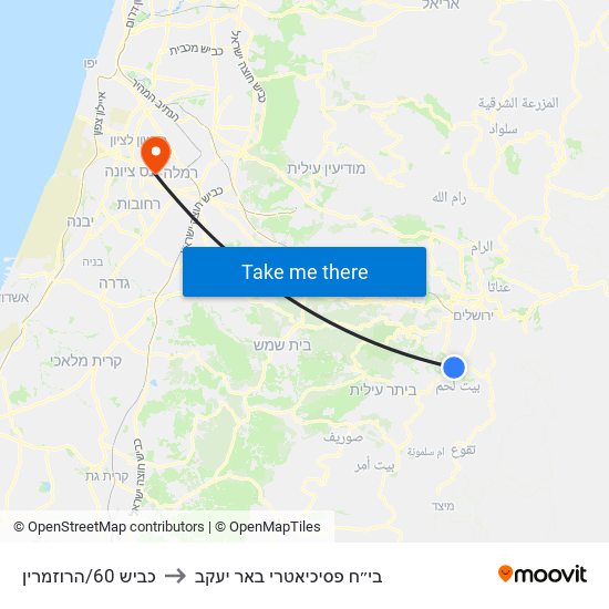 כביש 60/הרוזמרין to בי״ח פסיכיאטרי באר יעקב map