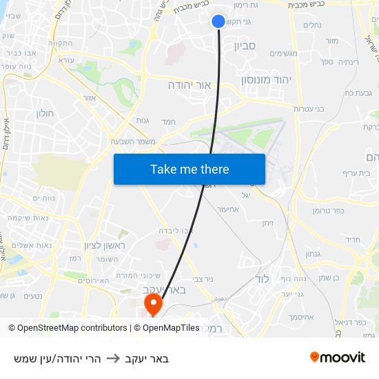 הרי יהודה/עין שמש to באר יעקב map