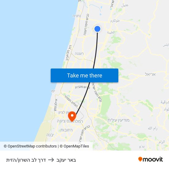 דרך לב השרון/הזית to באר יעקב map