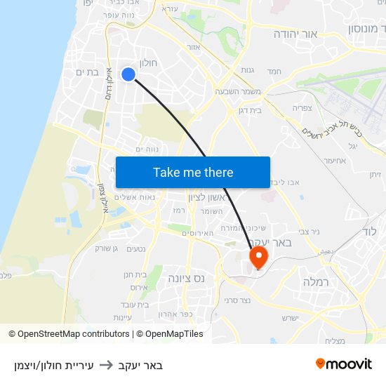 עיריית חולון/ויצמן to באר יעקב map