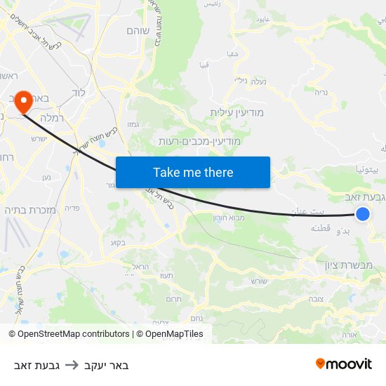 גבעת זאב to באר יעקב map