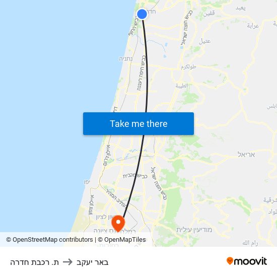 ת. רכבת חדרה to באר יעקב map