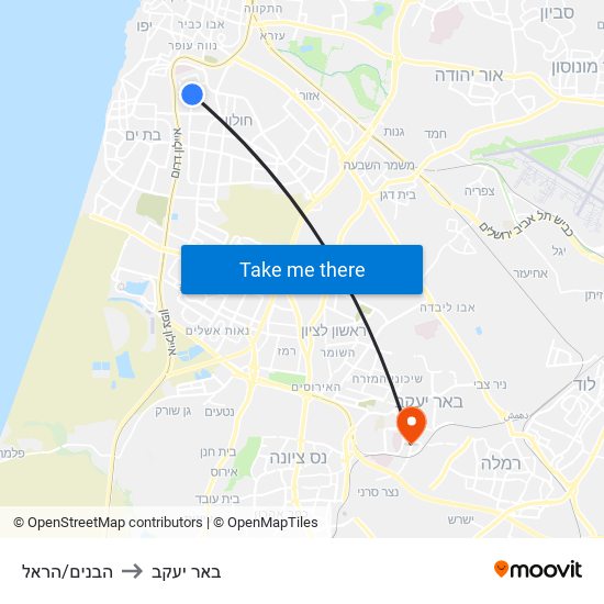 הבנים/הראל to באר יעקב map