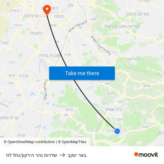 שדרות נהר הירקון/נחל לוז to באר יעקב map