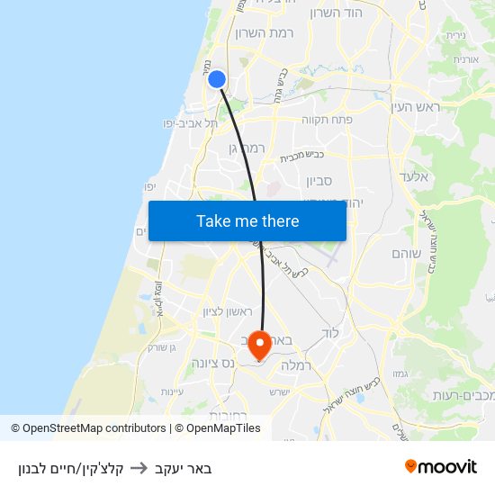 קלצ'קין/חיים לבנון to באר יעקב map