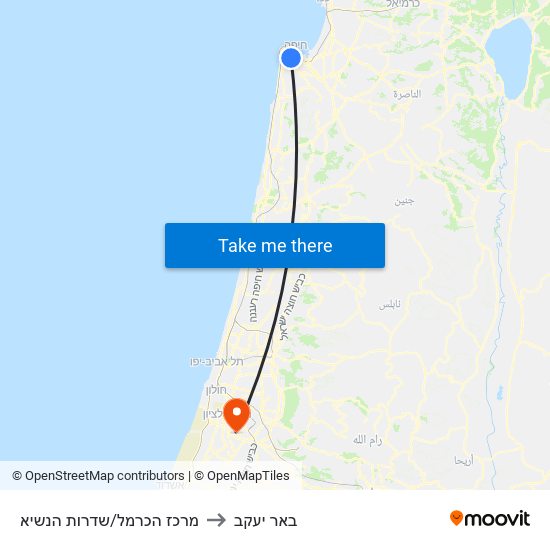 מרכז הכרמל/שדרות הנשיא to באר יעקב map