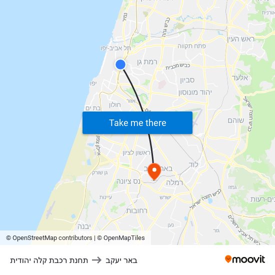 תחנת רכבת קלה יהודית to באר יעקב map