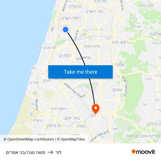 משה סנה/בני אפרים to לוד map