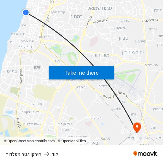 הירקון/טרומפלדור to לוד map