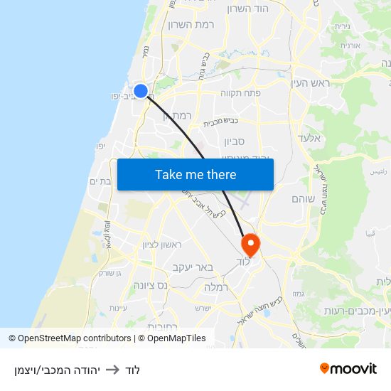 יהודה המכבי/ויצמן to לוד map