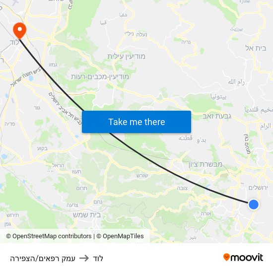 עמק רפאים/הצפירה to לוד map