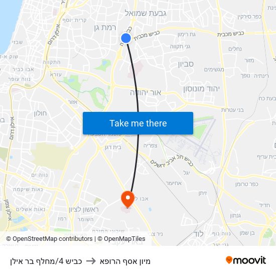 כביש 4/מחלף בר אילן to מיון  אסף הרופא map