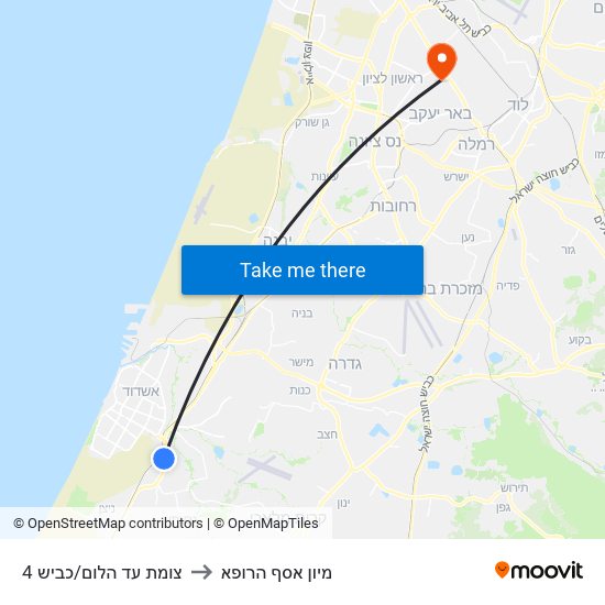 צומת עד הלום/כביש 4 to מיון  אסף הרופא map