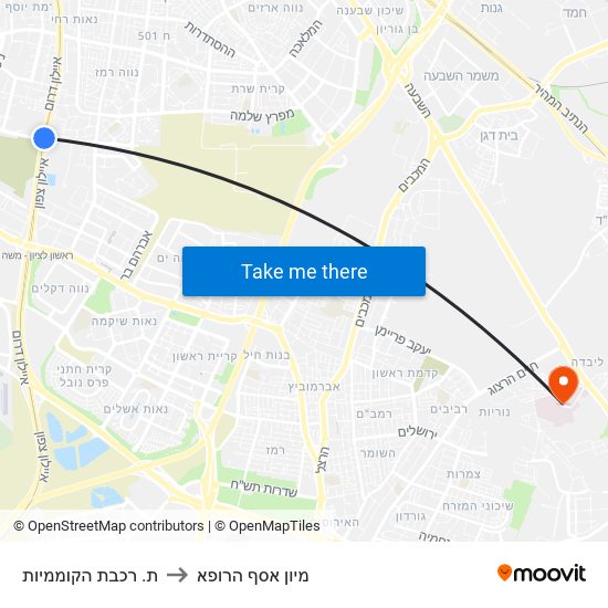 ת. רכבת הקוממיות to מיון  אסף הרופא map