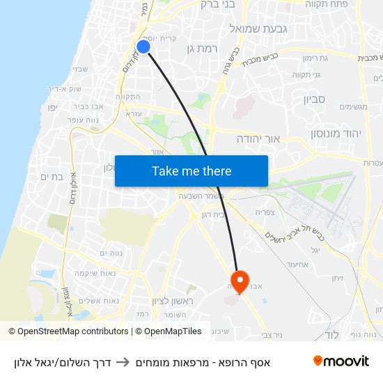 דרך השלום/יגאל אלון to אסף הרופא - מרפאות מומחים map