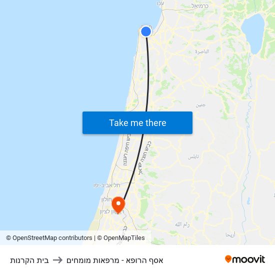 בית הקרנות to אסף הרופא - מרפאות מומחים map