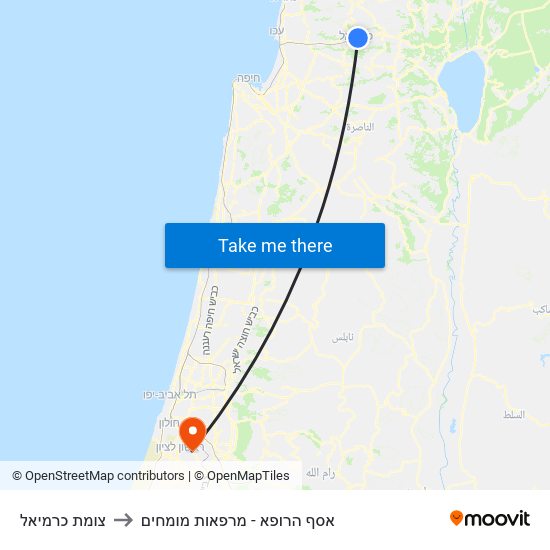 צומת כרמיאל to אסף הרופא - מרפאות מומחים map