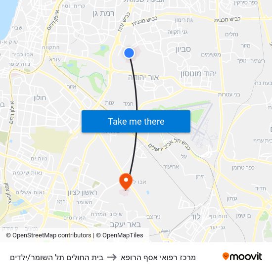 בית החולים תל השומר/ילדים to מרכז רפואי אסף הרופא map