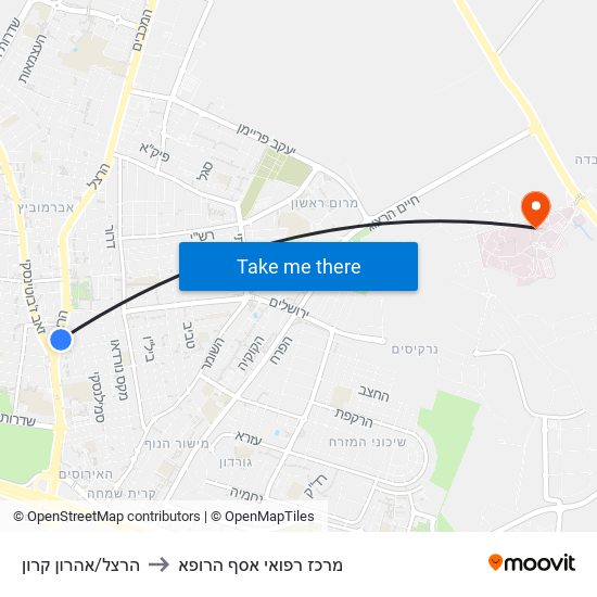 הרצל/אהרון קרון to מרכז רפואי אסף הרופא map