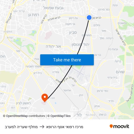 מחלף שעריה למערב to מרכז רפואי אסף הרופא map