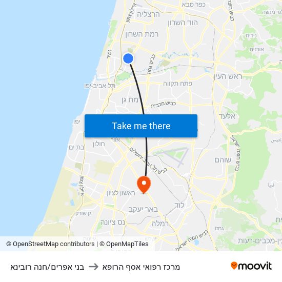 בני אפרים/חנה רובינא to מרכז רפואי אסף הרופא map